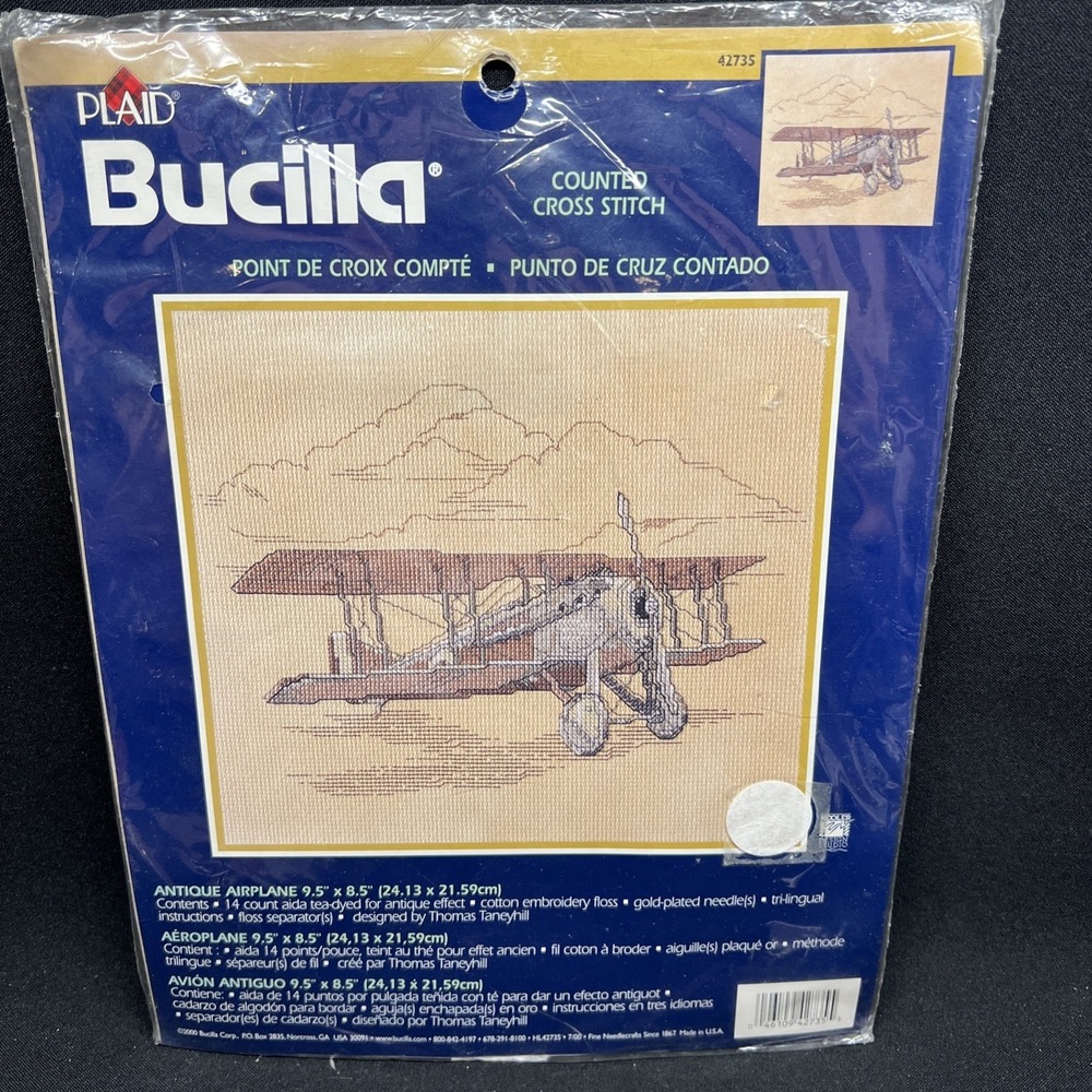 VTG Bucilla Counted Cross Stitch Kit 42735 Antique Airplane Man Cave Aviation